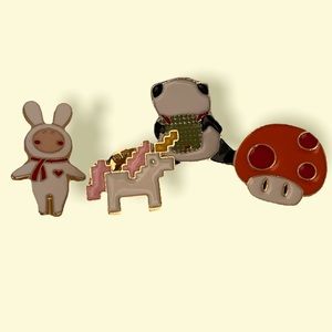 Enamel Pin Set of Four Unicorn Bunny Panda Mushroom